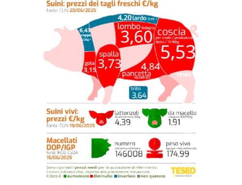 Cun tagli freschi: aumentano le cosce non tutelate (+3 centesimi), calano macelleria (30-40 centesimi), spalle (-6), gole (-5) e pancette (-16)